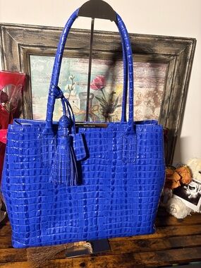 Brahmin Royal Blue Croc-Embossed Tote with Tassel
